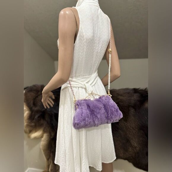 Lilac Handmade Real Rex Rabbit Fur Double Kisslock & Top Handle Purse/Crossbody - Picture 9 of 16